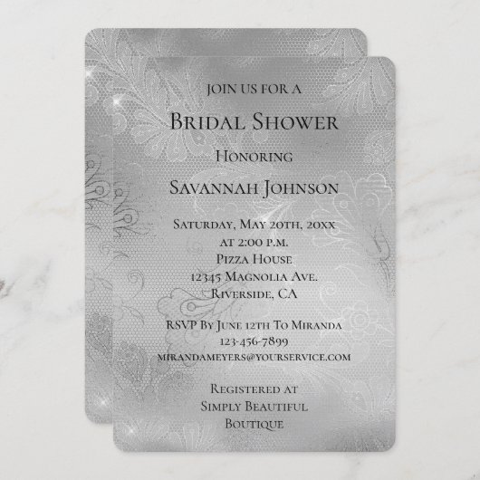ロマンティックシルバーフローラレースブライダルシャワー 招待状 (正面/裏面)