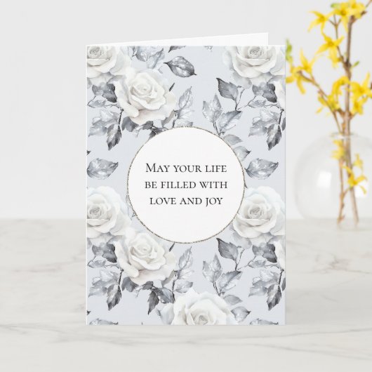ロマンティックシルバーホワイトローズ結婚フローラ カード (黄色い花)