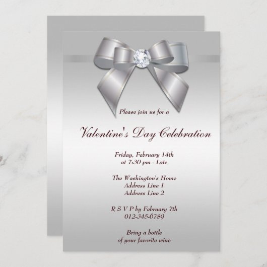 ロマンティックジェムボウ&リボンバレンタインデーパーティー 招待状 (正面/裏面)