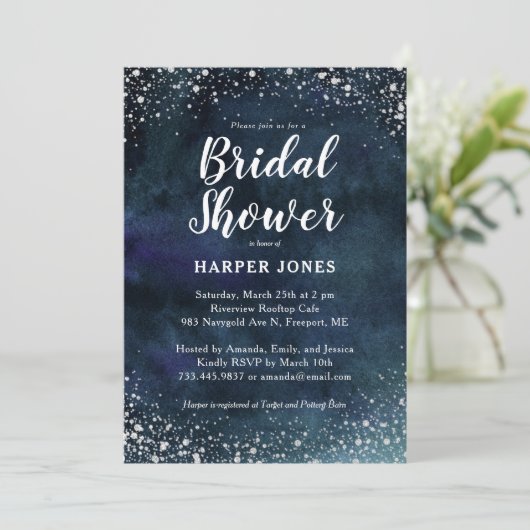 ロマンティックスターズネイビーブルーシルバーブライダルシャワー 招待状 (スタンド正面)