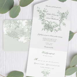 ロマンティックセージの花輪とラブバードの結婚式 オールインワン招待状