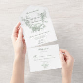ロマンティックセージの花輪とラブバードの結婚式 オールインワン招待状 (貼ってはがせる)