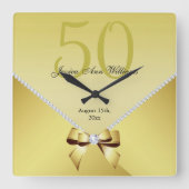 ロマンティックダイヤモンド&金ゴールドボウ50誕生日 スクエア壁時計 (正面)