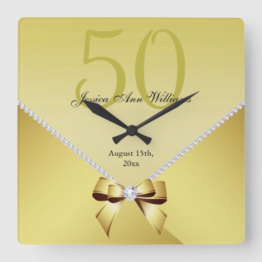 ロマンティックダイヤモンド&金ゴールドボウ50誕生日 スクエア壁時計 (正面)