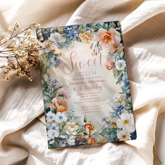 ロマンティックネイビーパステルワイルドフラワーズスウィート16 招待状