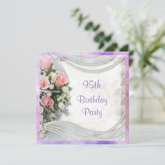 ロマンティックバラと真珠の95歳の誕生日パーティー 招待状 (スタンド正面)