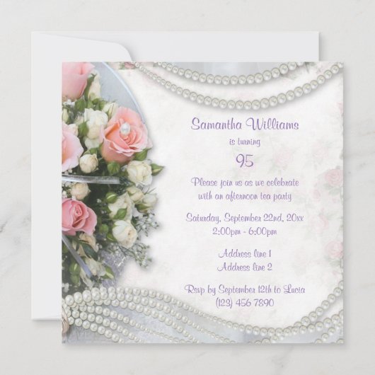 ロマンティックバラと真珠の95歳の誕生日パーティー 招待状 (裏面)