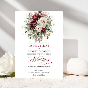 ロマンティックバーガンディホワイトゴールドフレーム ウェディングインビテーション 招待状