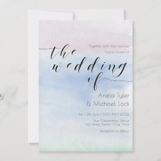©ロマンティックパステルウォーターカラータイポグラフィ結婚ズ 招待状 (正面)