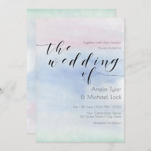 ©ロマンティックパステルウォーターカラータイポグラフィ結婚ズ 招待状 (正面/裏面)