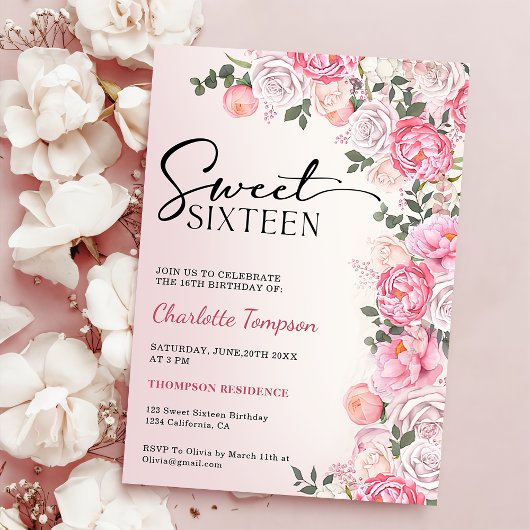 ロマンティックパステルバラフローラスウィート16誕生日 招待状