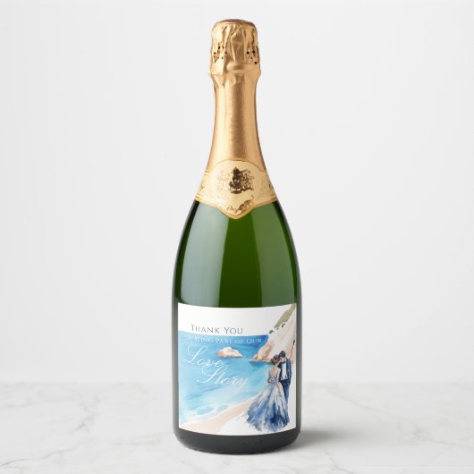 ロマンティックビーチの花嫁と花婿の結婚式 スパークリングワインラベル (正面)