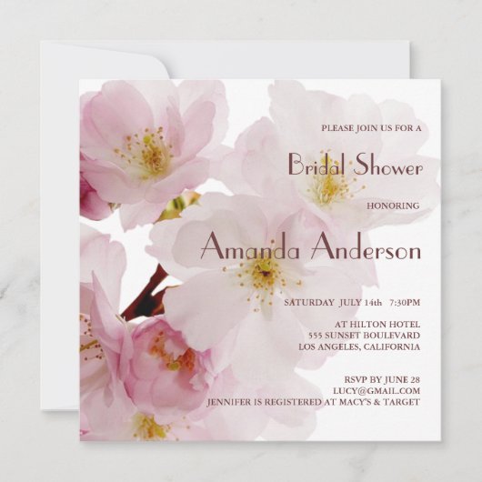 ロマンティックピンクさくらんぼブラウスブライダルシャワー 招待状 (正面)
