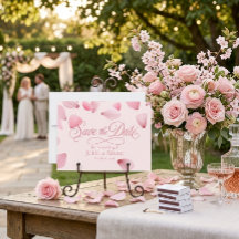 ロマンティックピンクの花びらが舞うスクリプトの結婚式事前告知カード