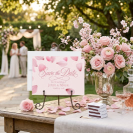 ロマンティックピンクの花びらが舞うスクリプトの結婚式事前告知カード 招待状