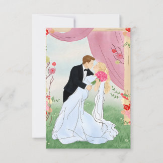 ロマンティックピンクガーデン花嫁と花婿の結婚式RSVP 出欠カード