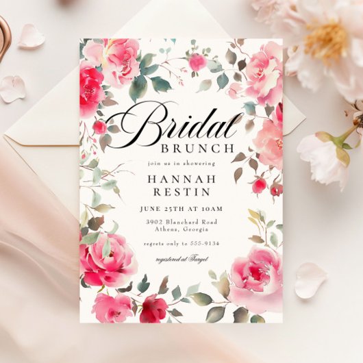 ロマンティックピンクローズガーデンブライダルシャワーブランチ 招待状