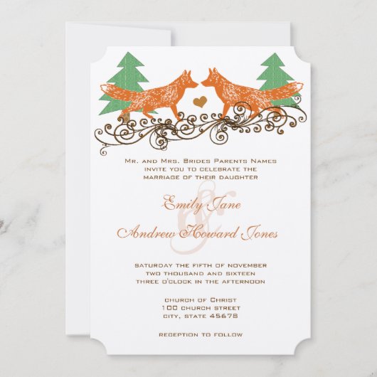 ロマンティックフォレストグローブキツネウッドシ結婚ーズ 招待状 (正面)