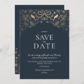 ロマンティックブルーアンド金ゴールドシークレットガーデン 招待状 (正面/裏面)