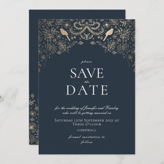 ロマンティックブルーアンド金ゴールドシークレットガーデン 招待状 (正面/裏面)