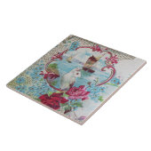 ロマンティックブルーピンクフラワー,ハト,バラと海景 タイル (側面)