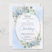 ロマンティックブルーフローラルゴールドフレーム結婚式招待状 招待状 (正面)