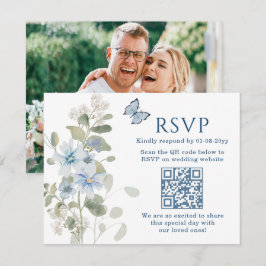 ロマンティックブルーフローラルQRコード結婚式RSVP 出欠カード