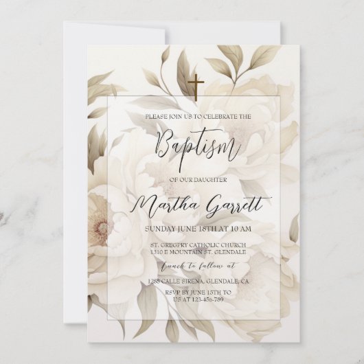 ロマンティックベージュペオニーフローラヴィンテージガールバプテスマ 招待状 (正面)