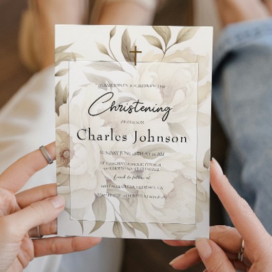 ロマンティックベージュペオニーフローラヴィンテージソンバプテスマ 招待状