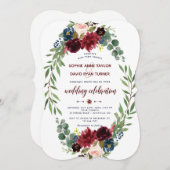 ロマンティックメルロネイビーブルーフローラ開花結婚ズ 招待状 (正面/裏面)