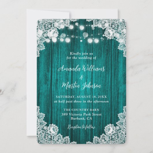 ロマンティック素朴ティール（緑がかった色）ウッドレース結婚式招待状 招待状 (正面)