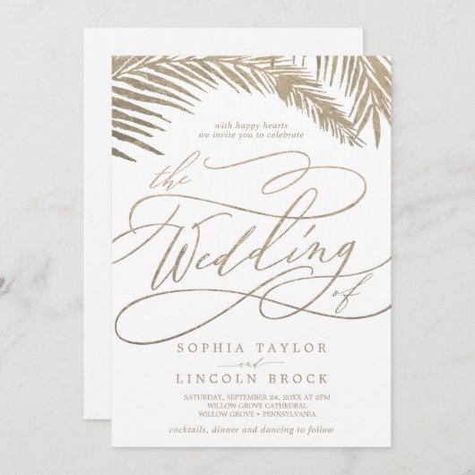 ロマンティック ゴールド パームリーフ オールインワン ウェディング 招待状 (正面/裏面)