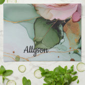 ロマンティック ゴールド ブラッシュ ピンク ローズ フラワーブライダルシャワー キッチンタオル (折り畳み)