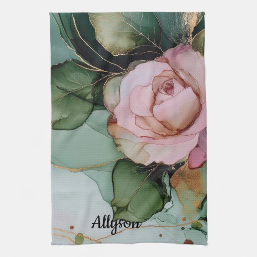 ロマンティック ゴールド ブラッシュ ピンク ローズ フラワーブライダルシャワー キッチンタオル (縦)