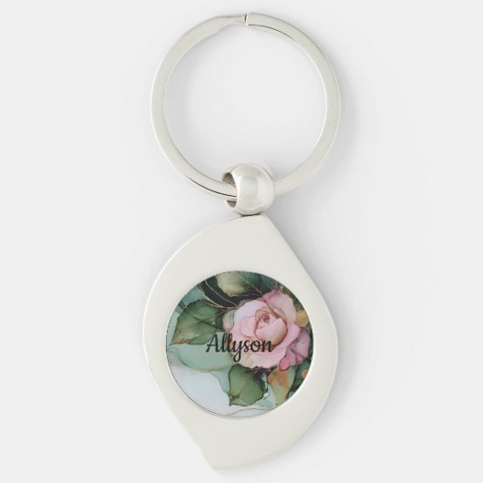 ロマンティック ゴールド ブラッシュ ピンク ローズ フラワーブライダルシャワー キーホルダー (正面)
