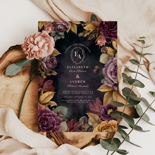 ロマンティック バーガンディー ブルーム オータム ウェディング テーマ 招待状