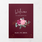 ロマンティック バーガンディ レッド | ブラッシュ ピンク フラワーの結婚式 三つ折り案内状 (カバー)