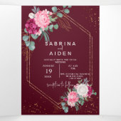 ロマンティック バーガンディ レッド | ブラッシュ ピンク フローラル ウェディング 三つ折り案内状 (内部中)