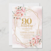 ロマンティック パステルピンク ゴールド 牡丹 90th 誕生日 招待状 (正面)