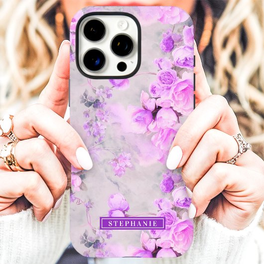 ロマンティック ピンクとラベンダーの名前入りフラワー Case-Mate iPhoneケース