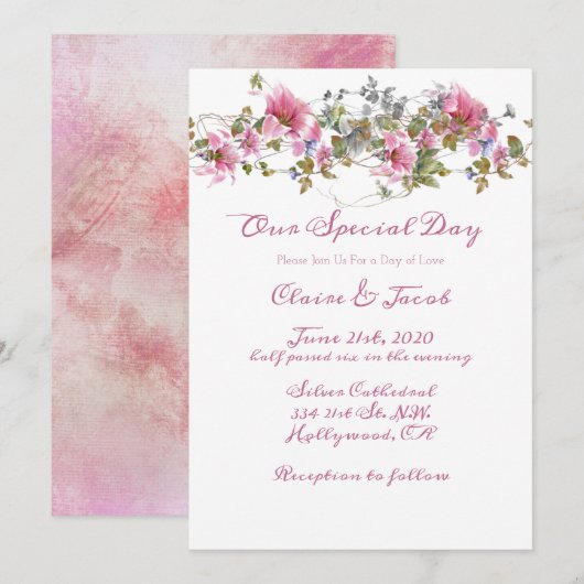 ロマンティック ピンク フラワー ウォーターカラー ウェディング 招待状 (正面/裏面)