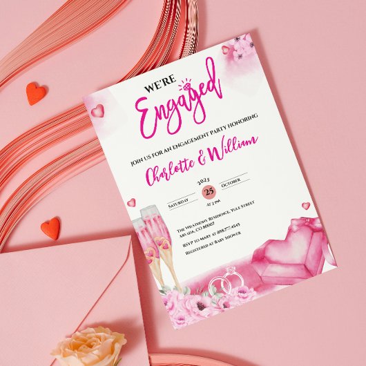 ロマンティック ピンク フラワー 婚約パーティー 婚約 招待状