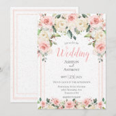 ロマンティック ピンク フローラル グリーン タイポグラフィー ウェディング 招待状 (正面/裏面)