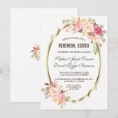 ロマンティック ピンク ブラッシュ フローラル ゴールド リハーサル ディナー 招待状 (正面/裏面)