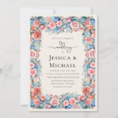 ロマンティック ピンク ブルー 水彩 花 イラスト 結婚式 招待状 (正面)