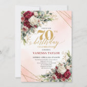 ロマンティック フローラル ゴールド 70歳の誕生日 招待状 (正面)