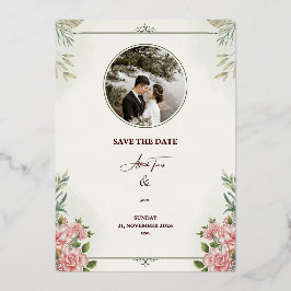 ロマンティック フローラル "Save the Date" ウェディングカード – エレガント 箔招待状