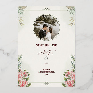 ロマンティック フローラル "Save the Date" ウェディングカード – エレガント 箔招待状