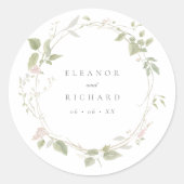 ロマンティック ブラッシュ & グリーン フローラル リース ウェディング ラウンドシール (正面)