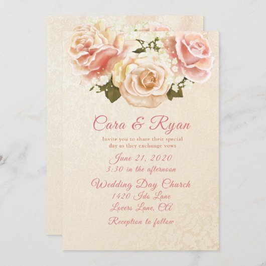 ロマンティック ブラッシュ ピンク ローズ エレガント ウェディング 招待状 (正面/裏面)